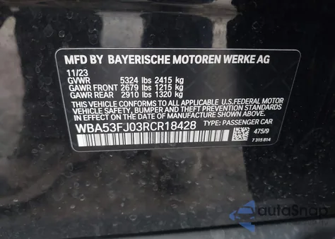2024 BMW 530I xDrive from USA, damaged, VIN WBA53FJ03RCR18428